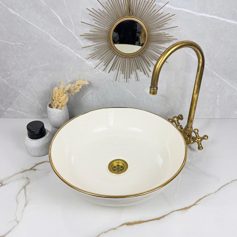 Handmade Moroccan Ceramic Sink Golden Rim 14k Carats #252