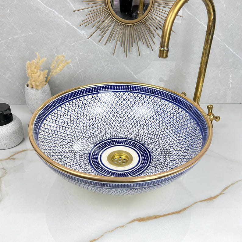 Handmade Moroccan Ceramic Sink Golden Rim 14k Carats #252