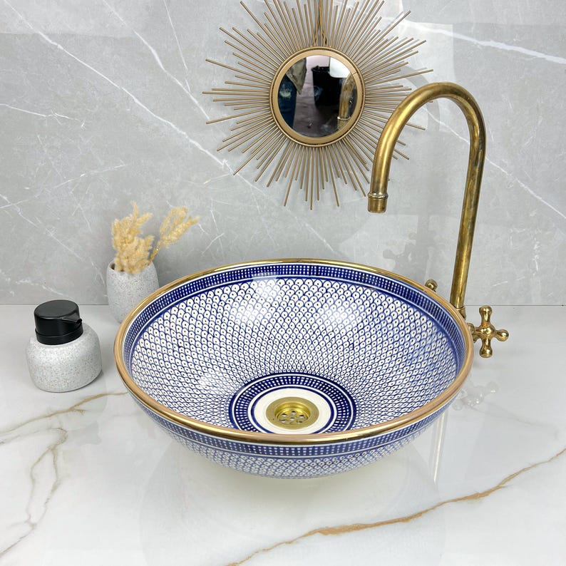 Handmade Moroccan Ceramic Sink Golden Rim 14k Carats #252