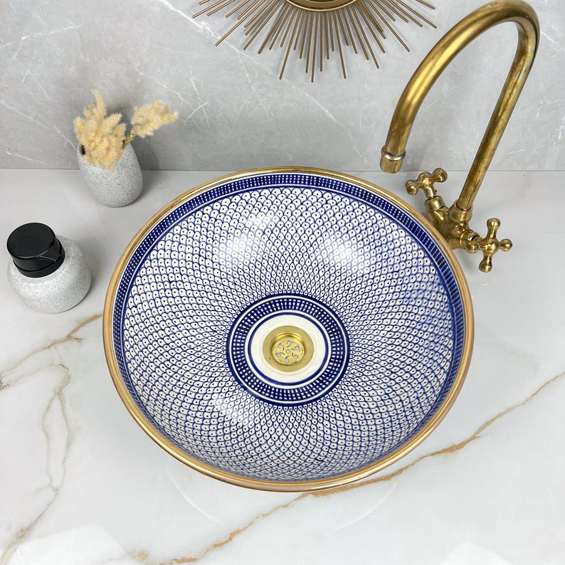 Handmade Moroccan Ceramic Sink Golden Rim 14k Carats #252