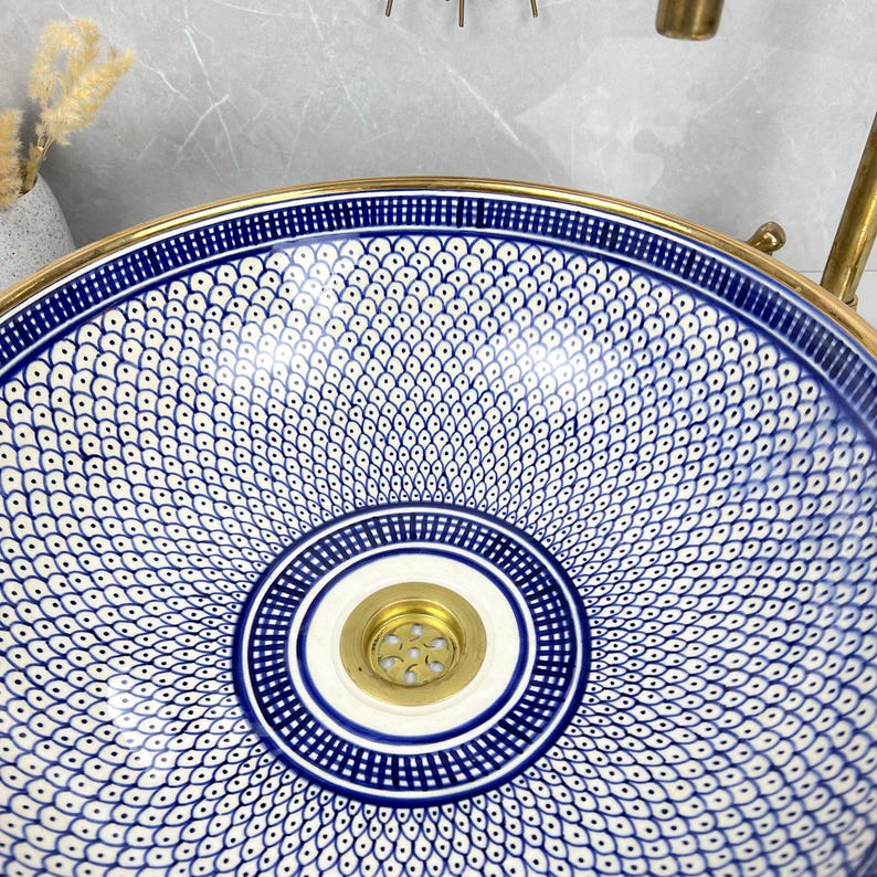 Handmade Moroccan Ceramic Sink Golden Rim 14k Carats #252