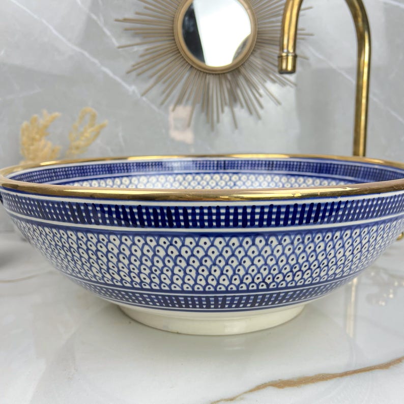 Handmade Moroccan Ceramic Sink Golden Rim 14k Carats #252