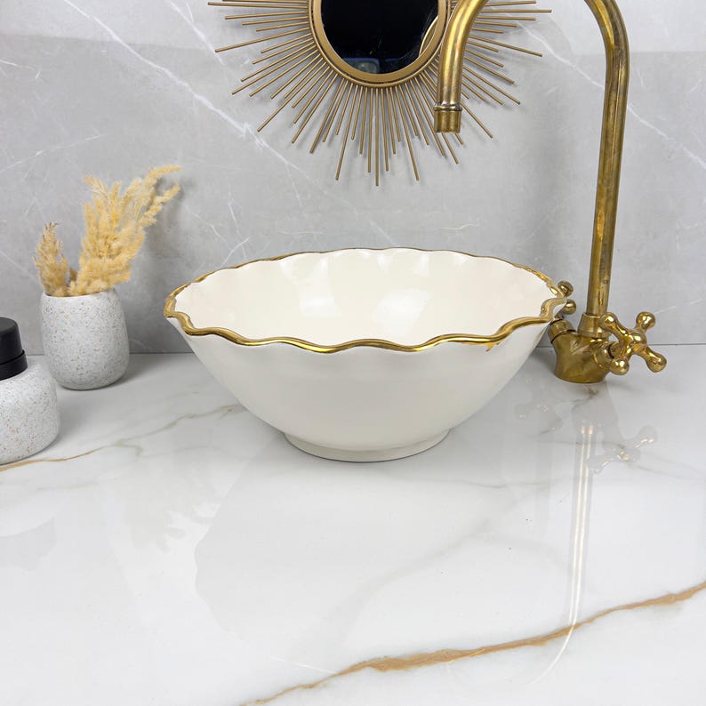 Handmade Moroccan Ceramic Sink Golden Rim 14k Carats #252