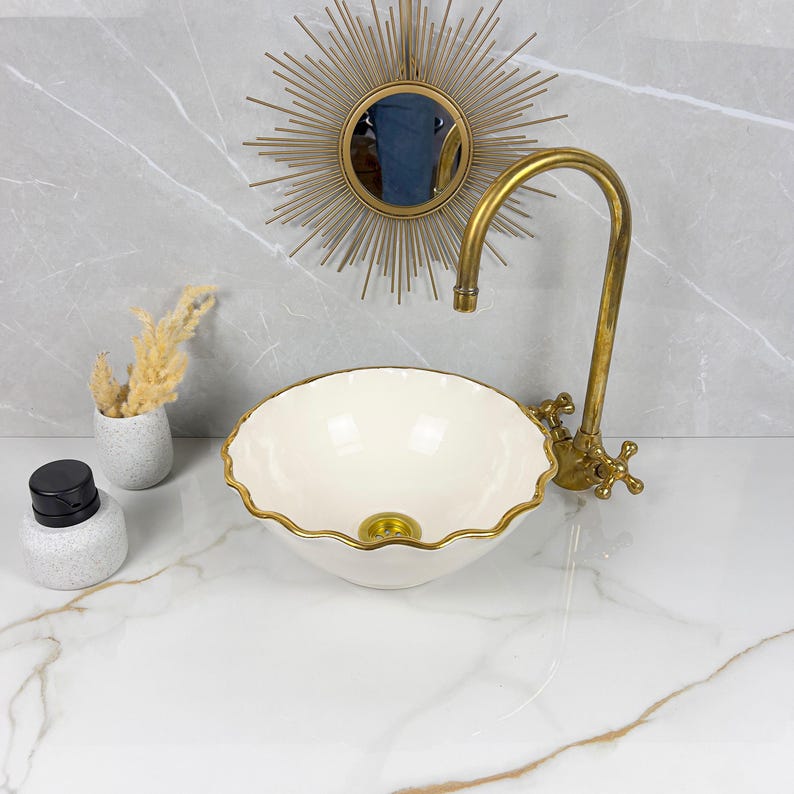 Handmade Moroccan Ceramic Sink Golden Rim 14k Carats #252