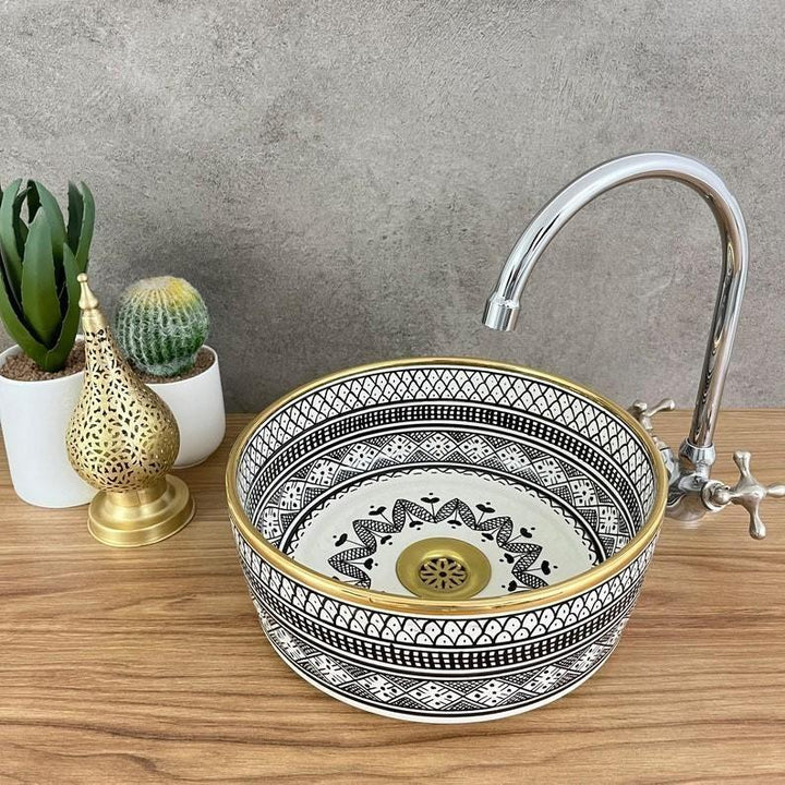 Handmade Moroccan Ceramic Sink Golden Rim 14k Carats #219