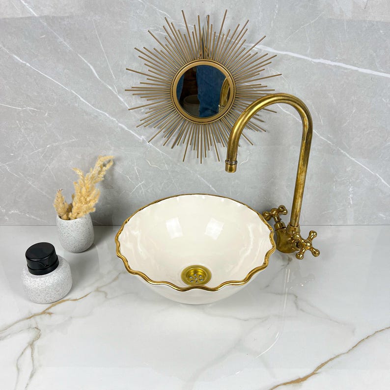 Handmade Moroccan Ceramic Sink Golden Rim 14k Carats #252