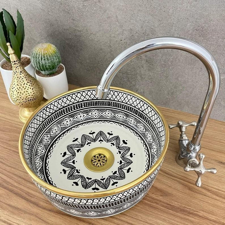 Handmade Moroccan Ceramic Sink Golden Rim 14k Carats #219