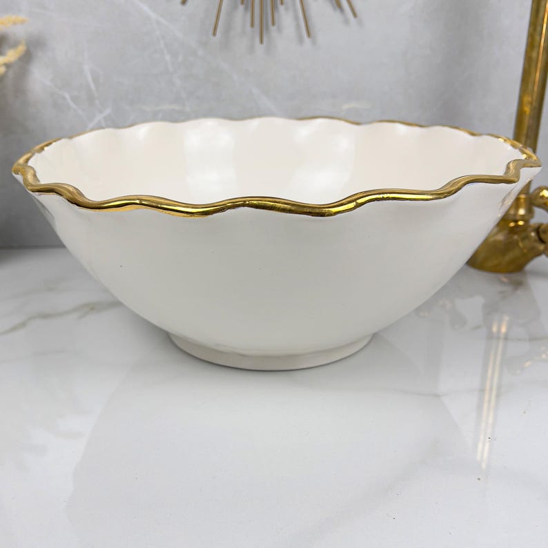 Handmade Moroccan Ceramic Sink Golden Rim 14k Carats #252
