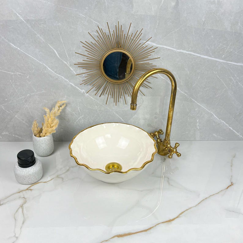 Handmade Moroccan Ceramic Sink Golden Rim 14k Carats #252