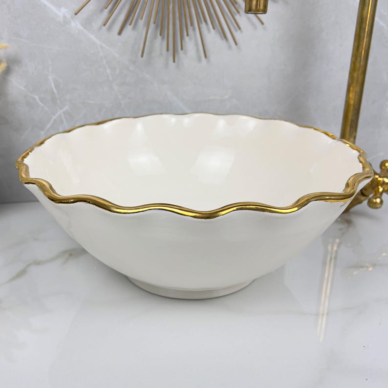 Handmade Moroccan Ceramic Sink Golden Rim 14k Carats #252