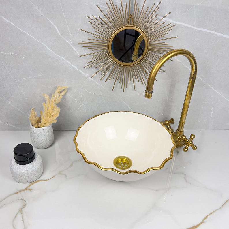 Handmade Moroccan Ceramic Sink Golden Rim 14k Carats #252