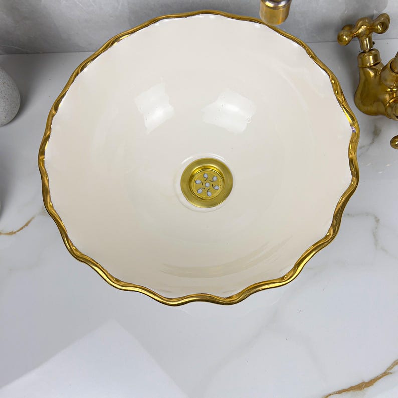 Handmade Moroccan Ceramic Sink Golden Rim 14k Carats #252