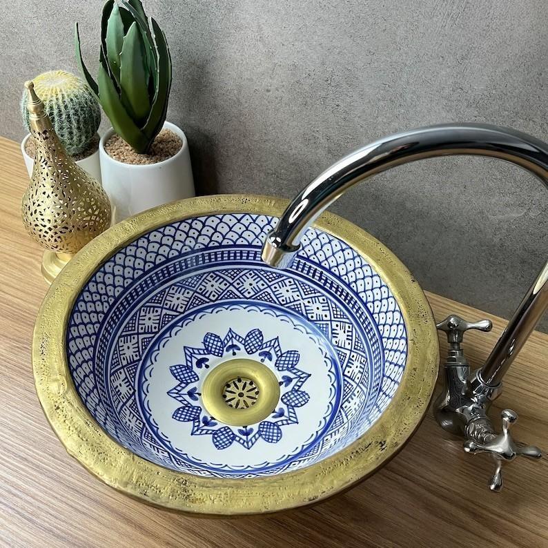 Handmade Moroccan Ceramic Sink Brass rim #220