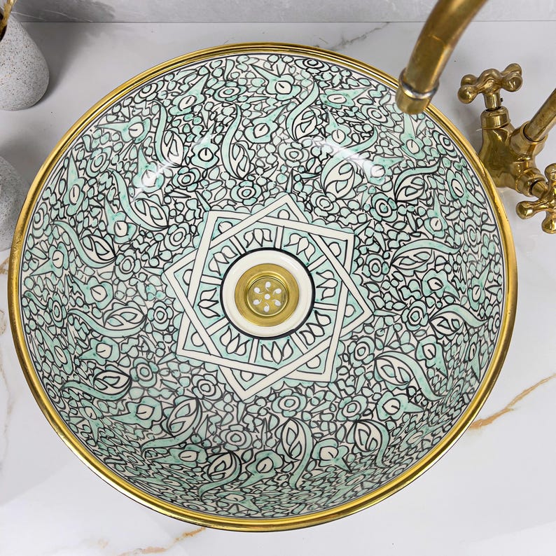 Handmade Moroccan Ceramic Sink Golden Rim 14k Carats #252