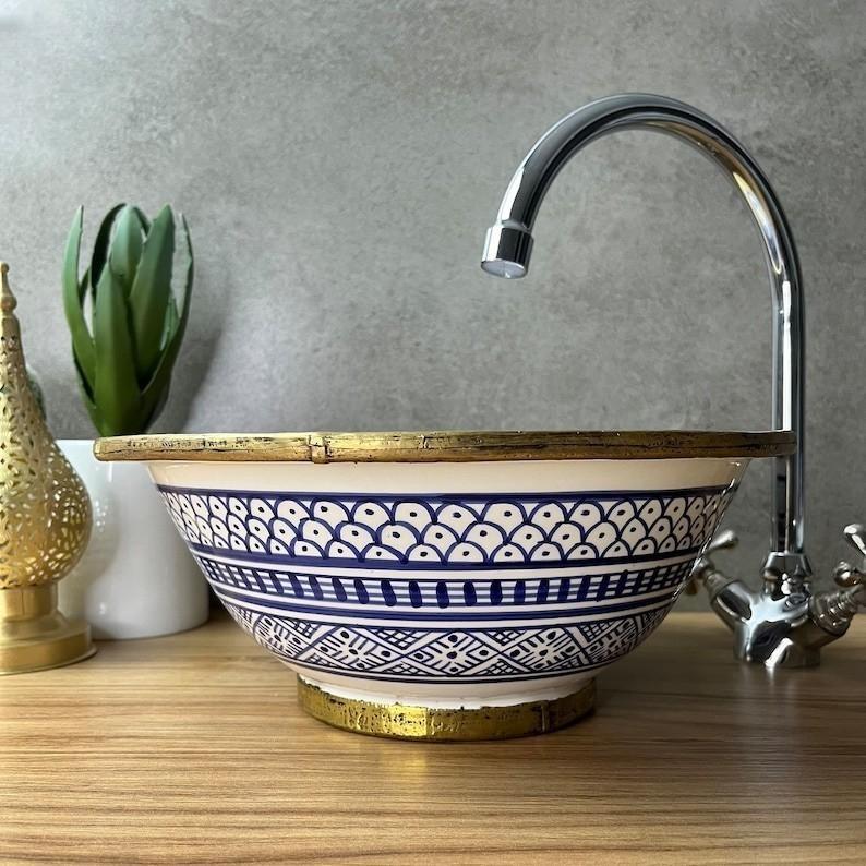 Handmade Moroccan Ceramic Sink Brass rim #220