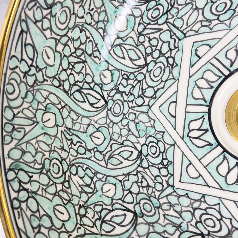 Handmade Moroccan Ceramic Sink Golden Rim 14k Carats #252