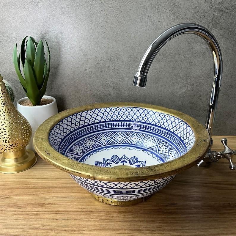 Handmade Moroccan Ceramic Sink Brass rim #220