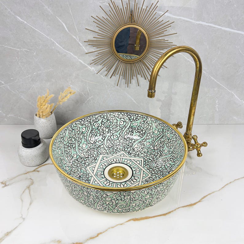 Handmade Moroccan Ceramic Sink Golden Rim 14k Carats #252