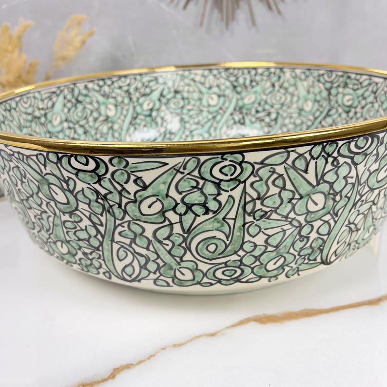 Handmade Moroccan Ceramic Sink Golden Rim 14k Carats #252