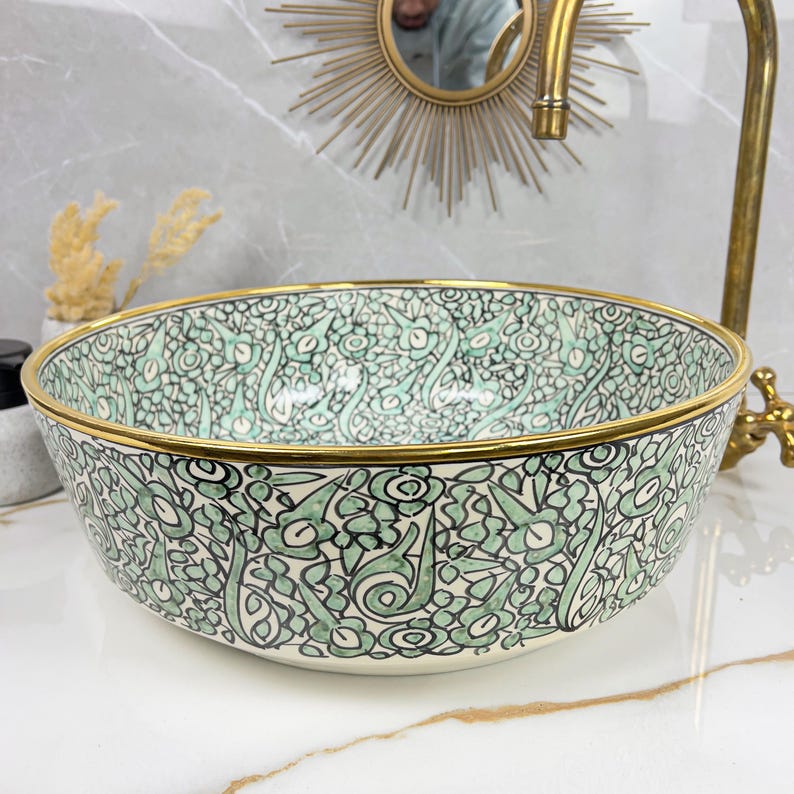 Handmade Moroccan Ceramic Sink Golden Rim 14k Carats #252