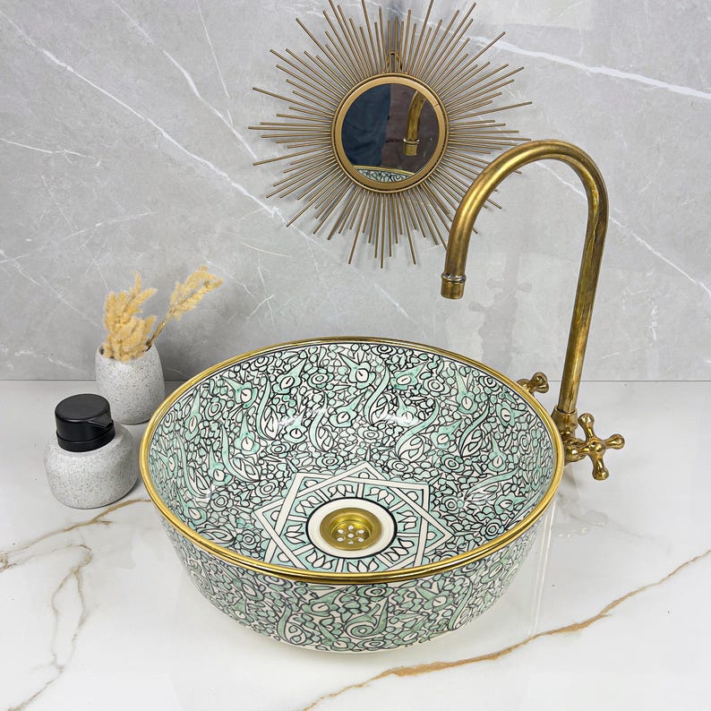 Handmade Moroccan Ceramic Sink Golden Rim 14k Carats #252