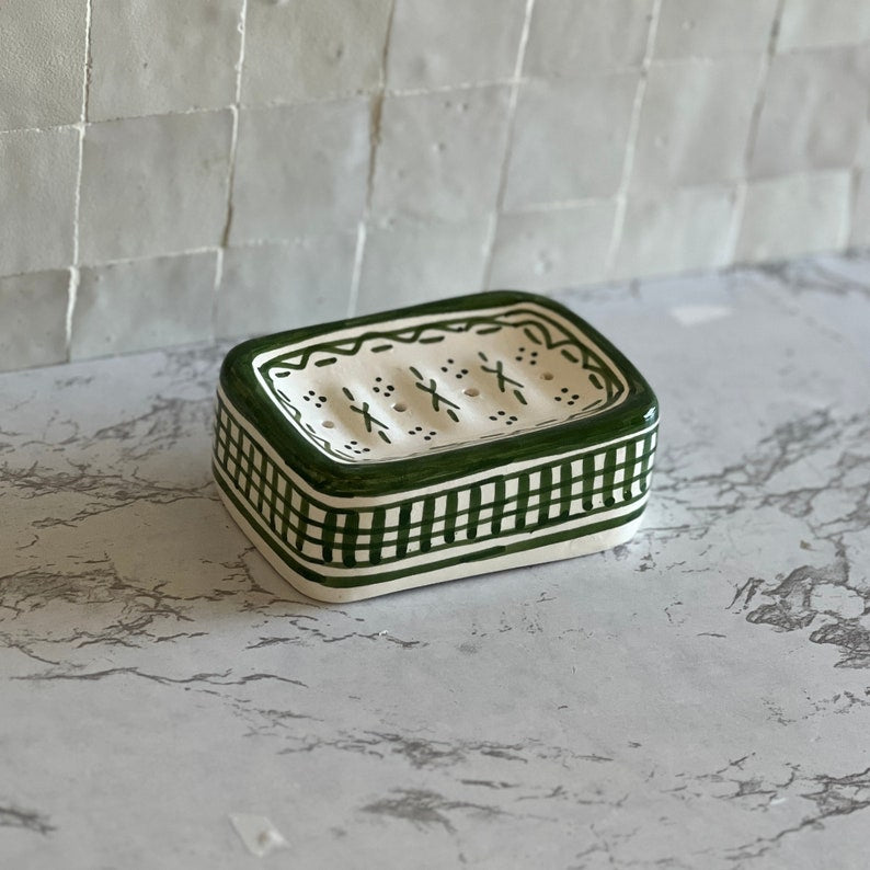 Set of toothbrush holder and hand painted ceramic soap dish 