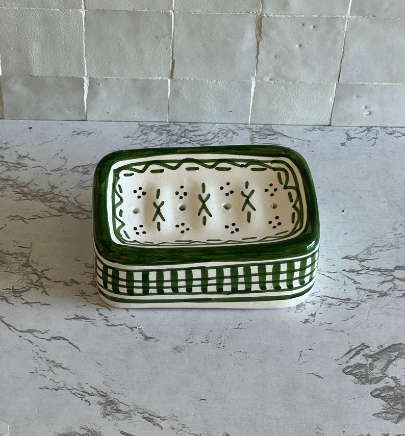 Set of toothbrush holder and hand painted ceramic soap dish 