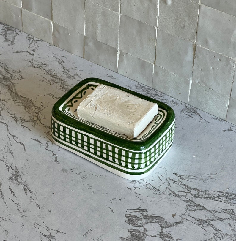 Set of toothbrush holder and hand painted ceramic soap dish 