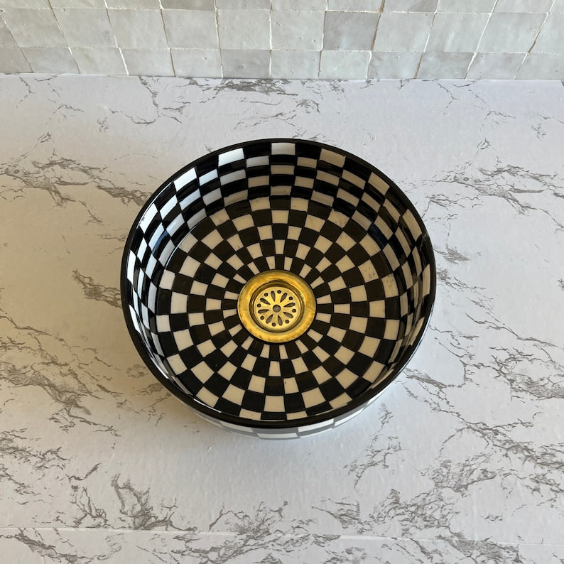 Moroccan sink | moroccan ceramic sink | chackered sink bowl | moroccan bathroom basin | moroccan sink bowl | Black and white sink bowl #52