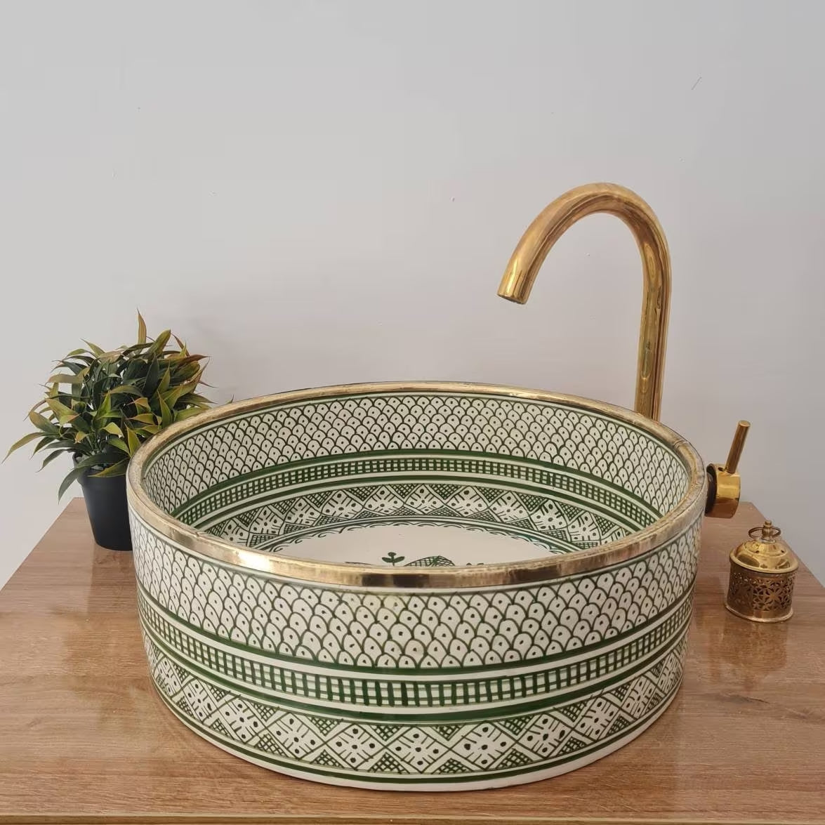Bathroom sink Brass rim | Hand painted ceramic sink #61
