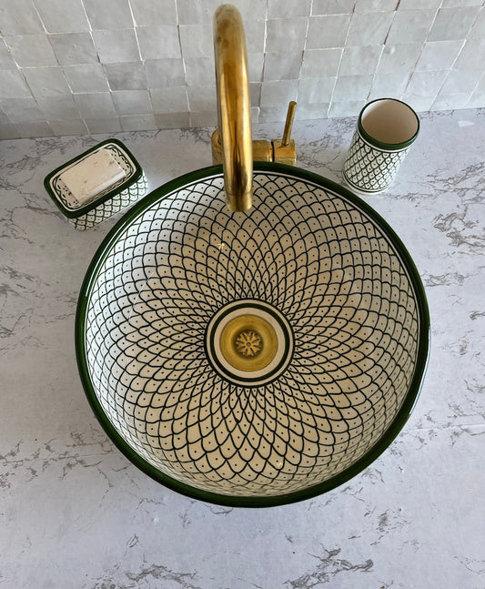 Moroccan sink | moroccan ceramic sink | bathroom sink | moroccan bathroom basin | moroccan sink bowl | Green and white sink bowl #52A