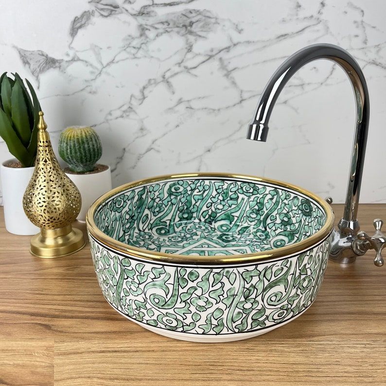  Handmade Moroccan Ceramic Sink Golden rim 14k karat #20M