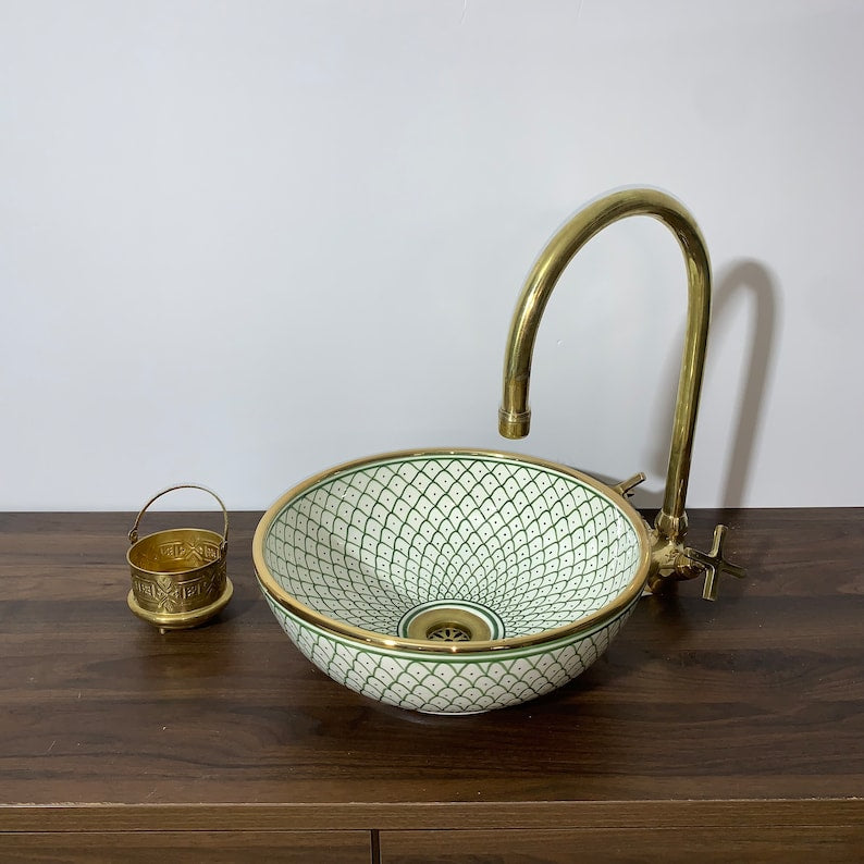 Handmade Moroccan Ceramic Sink Golden rim 14k karat #20D