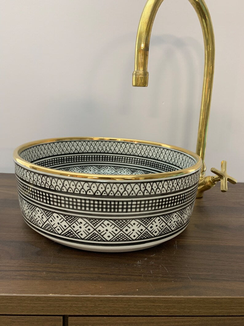  Handmade Moroccan Ceramic Sink Golden rim 14k karat #20F