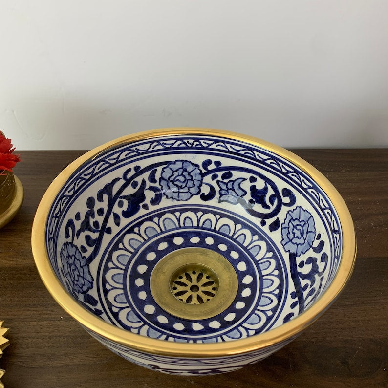 Handmade Moroccan Sink 14K Carat Gold rim bathroom sink | Hand painted ceramic sink | Bathroom sink #20K