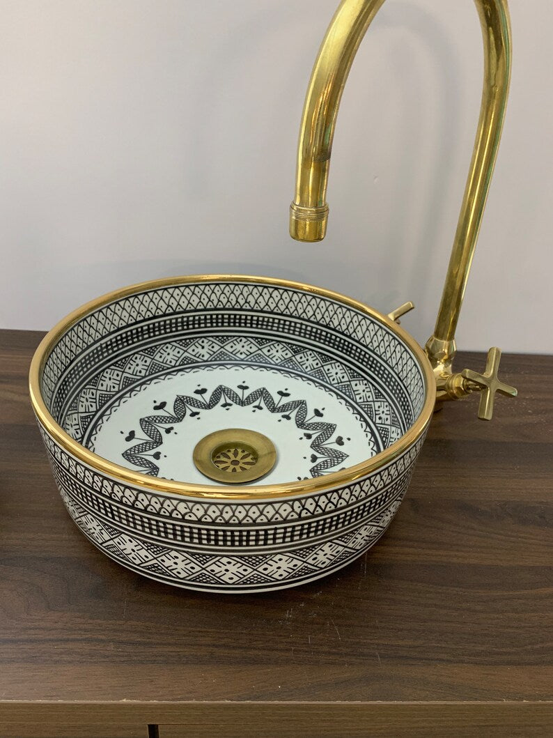  Handmade Moroccan Ceramic Sink Golden rim 14k karat #20F