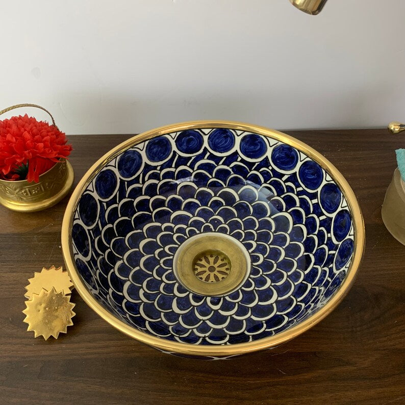 Handmade Moroccan Sink 14K Carat Gold rim bathroom sink | Hand painted ceramic sink | Bathroom sink #20L