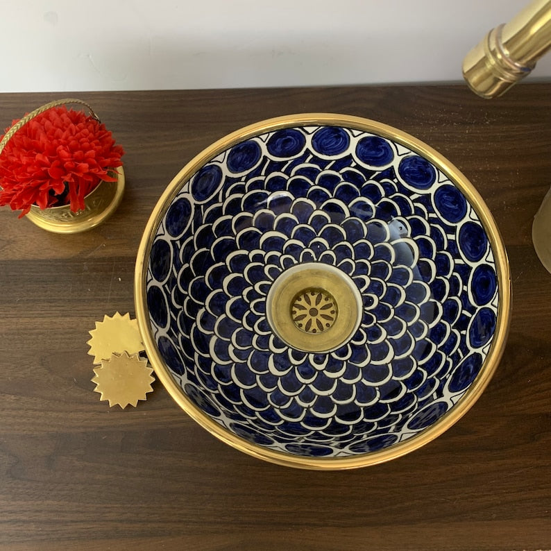 Handmade Moroccan Sink 14K Carat Gold rim bathroom sink | Hand painted ceramic sink | Bathroom sink #20L