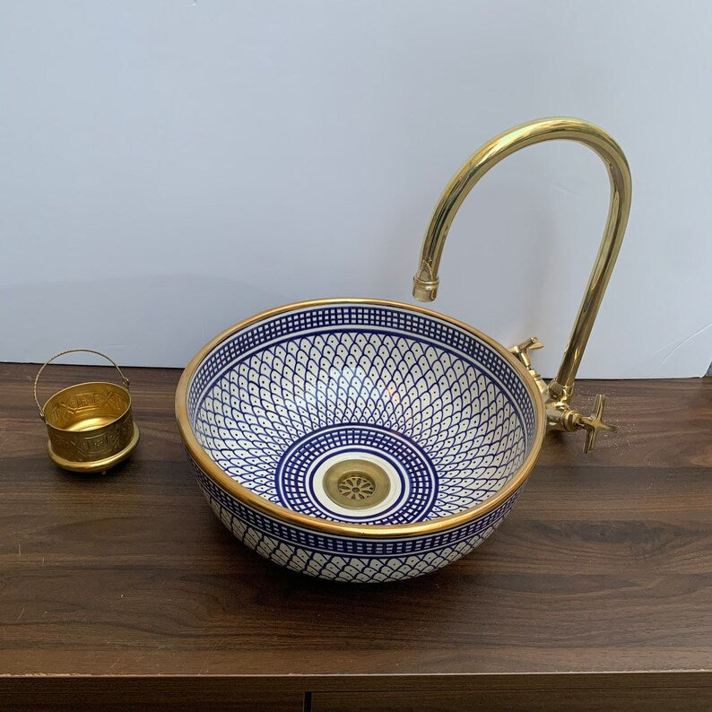Handmade Moroccan Ceramic Sink Golden rim 14k karat #20A