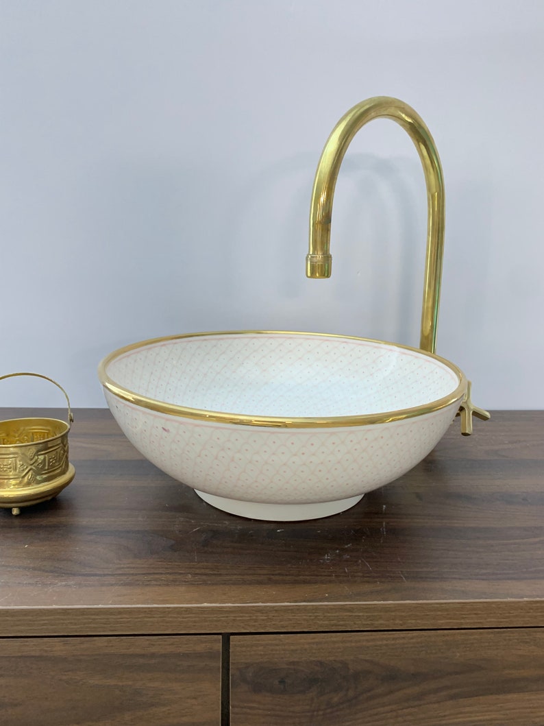 Handmade Moroccan Ceramic Sink Golden rim 14k karat #20E