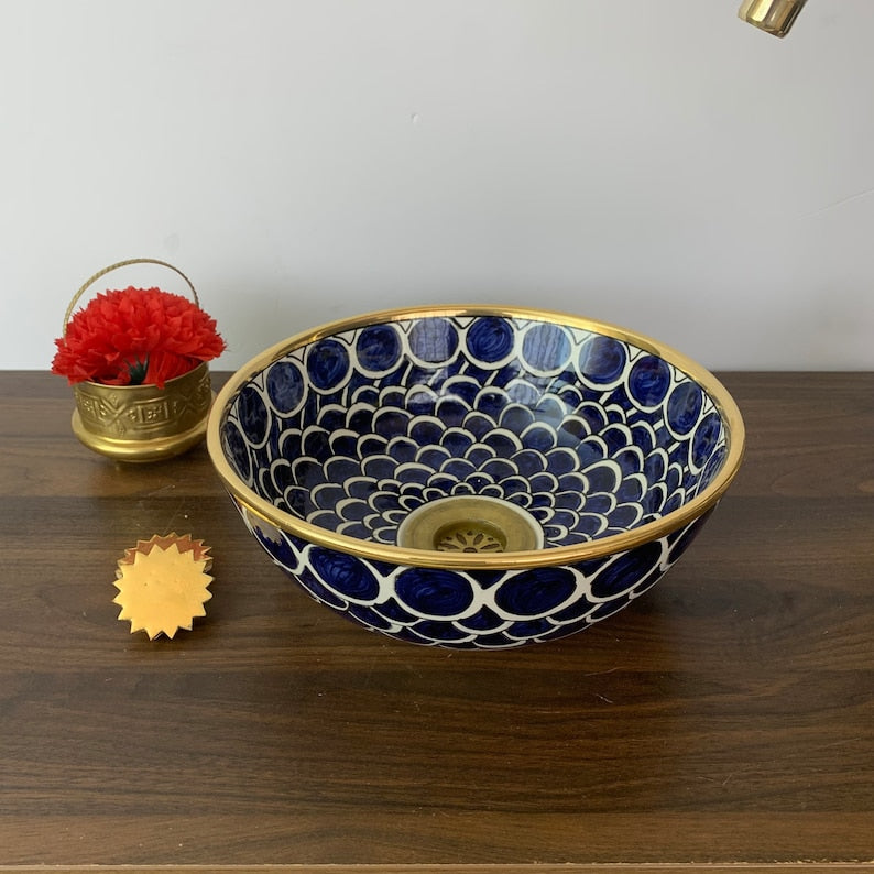 Handmade Moroccan Ceramic Sink Golden rim 14k karat #20L