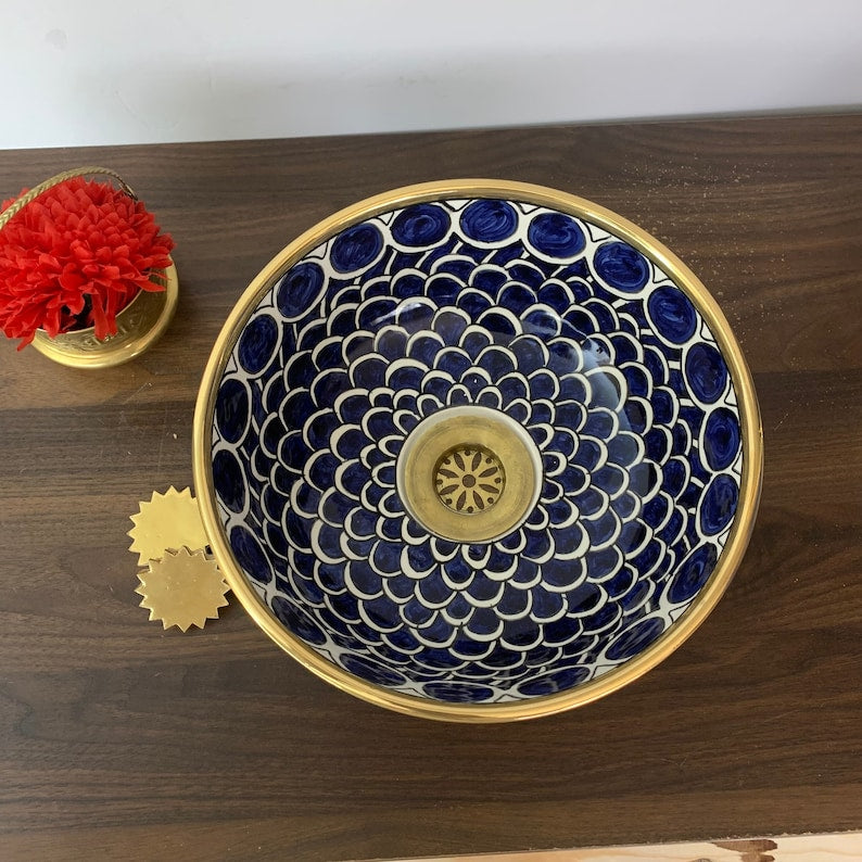 Handmade Moroccan Ceramic Sink Golden rim 14k karat #20L