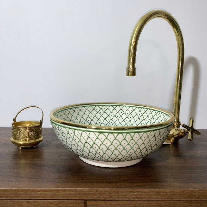 Handmade Moroccan Ceramic Sink Golden rim 14k karat #20D