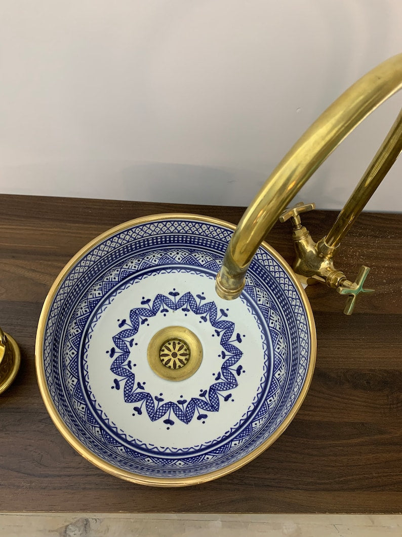  Handmade Moroccan Ceramic Sink Golden rim 14k karat #20G