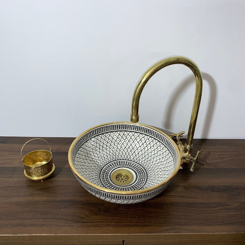 Handmade Moroccan Ceramic Sink Golden rim 14k karat #20B
