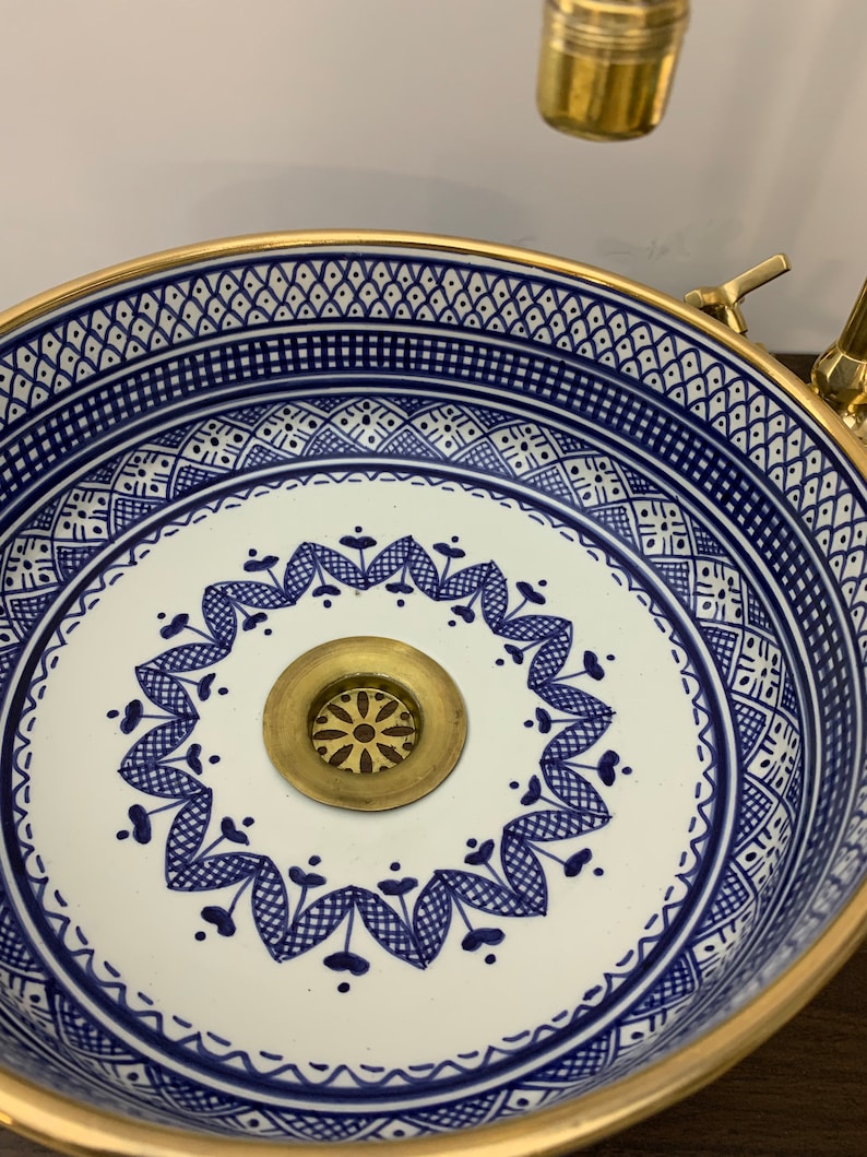  Handmade Moroccan Ceramic Sink Golden rim 14k karat #20G