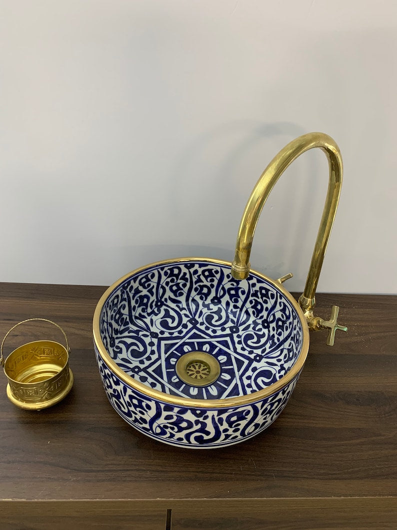 Moroccan sink 14k carats gold rim | Hand-painted ceramic sink | Mid century modern bathroom washbasin #20J