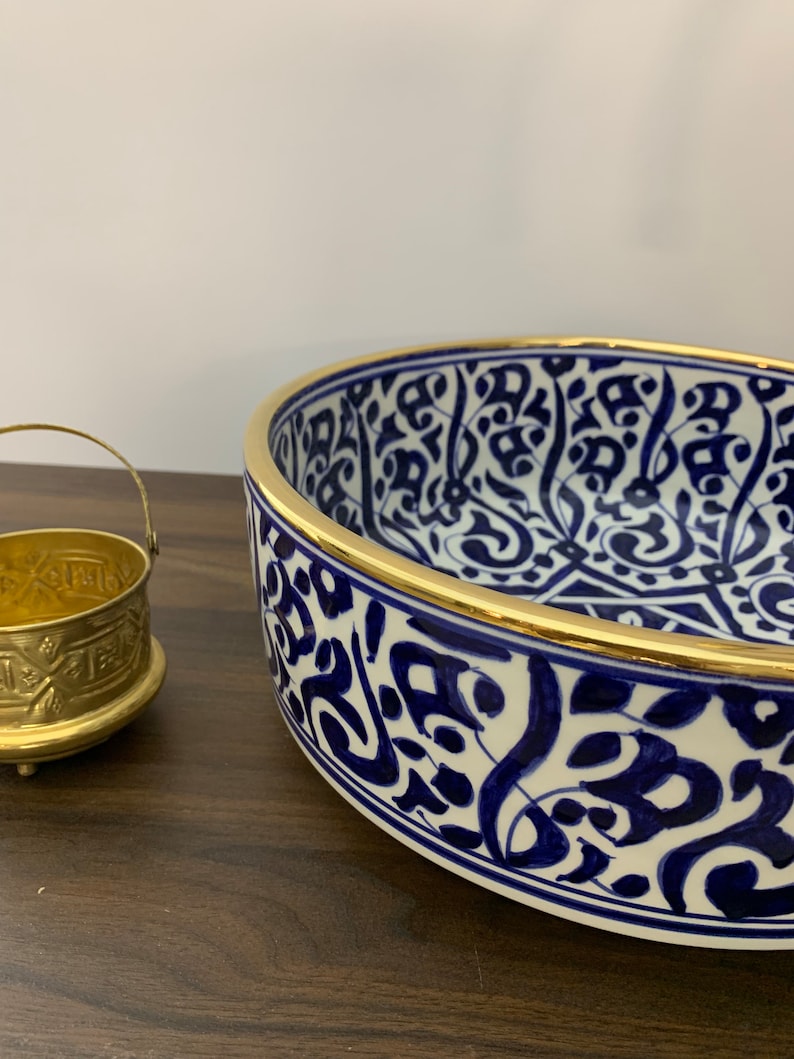 Handmade Moroccan Ceramic Sink Golden rim 14k karat #20J