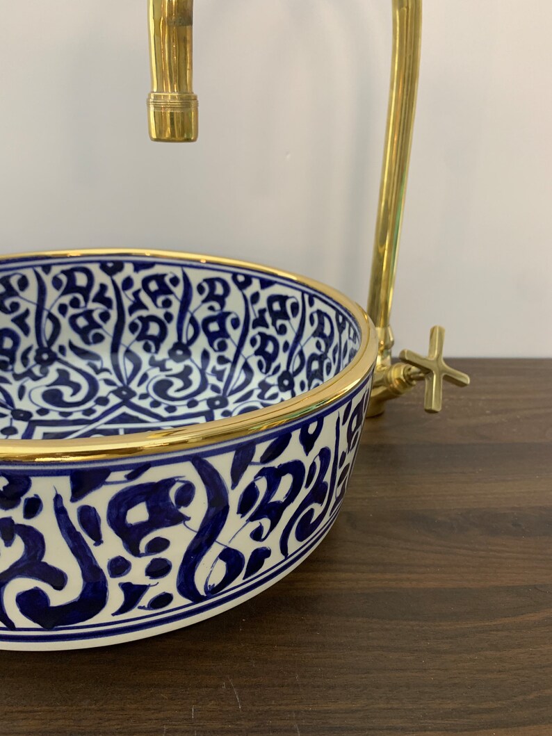 Moroccan sink 14k carats gold rim | Hand-painted ceramic sink | Mid century modern bathroom washbasin #20J