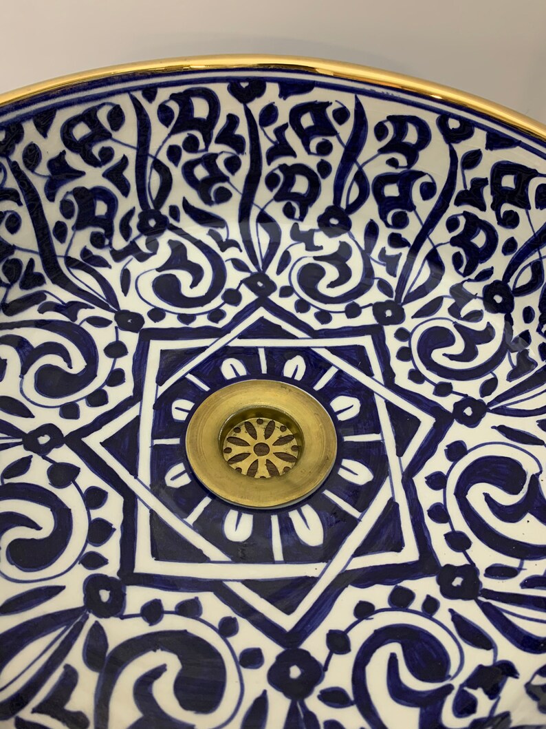 Handmade Moroccan Ceramic Sink Golden rim 14k karat #20J